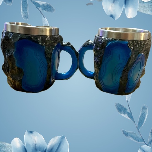 Blue Agate Inspired Stone Mugs with Stainless Steel Inserts (2) - Picture 1 of 6